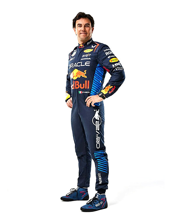 back view of 2024 Sergio Perez Red Bull F1 suit replica with sponsor logos