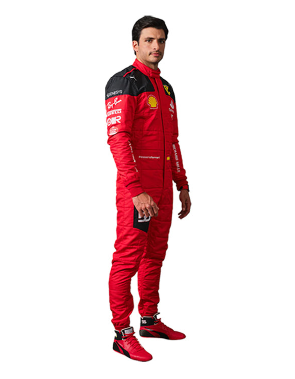 Premium Carlos Sainz Ferrari Formula 1 racing suit designed for collectors and motorsport enthusiasts.