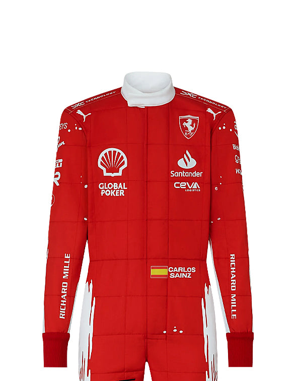 Premium Carlos Sainz Ferrari Las Vegas Grand Prix racing suit featuring special edition Formula 1 styling.