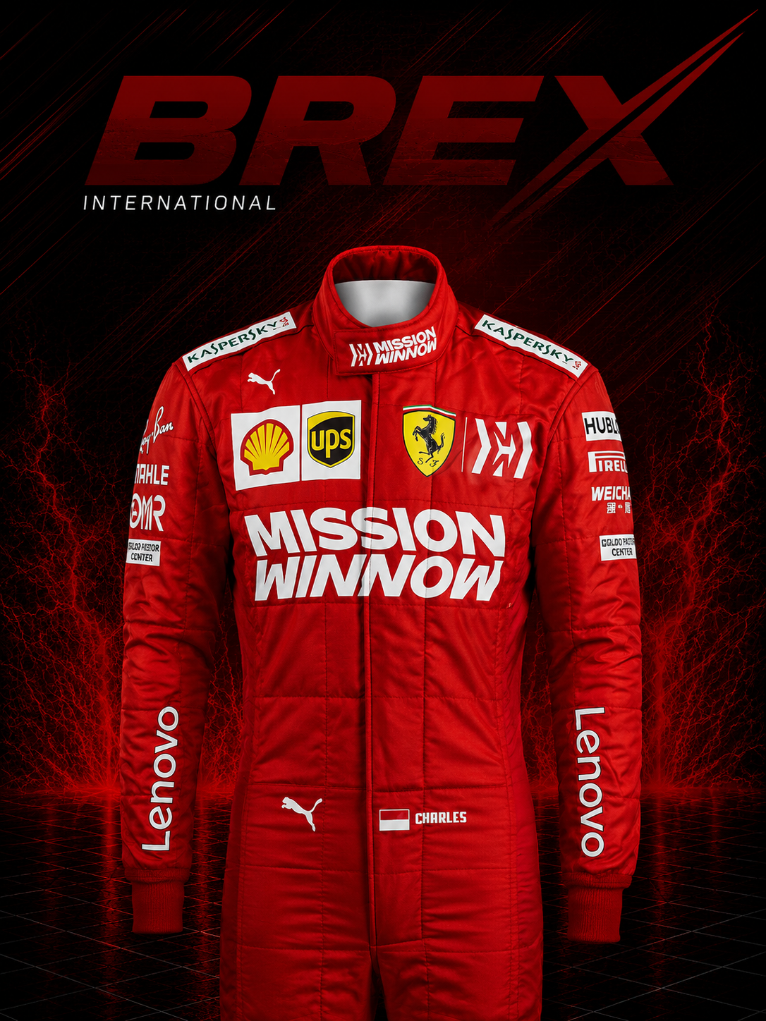 Premium Charles Leclerc Ferrari Formula 1 racing suit designed for collectors and motorsport enthusiasts.