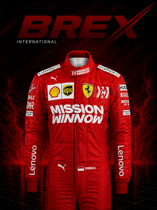Premium Charles Leclerc Ferrari Formula 1 racing suit designed for collectors and motorsport enthusiasts.
