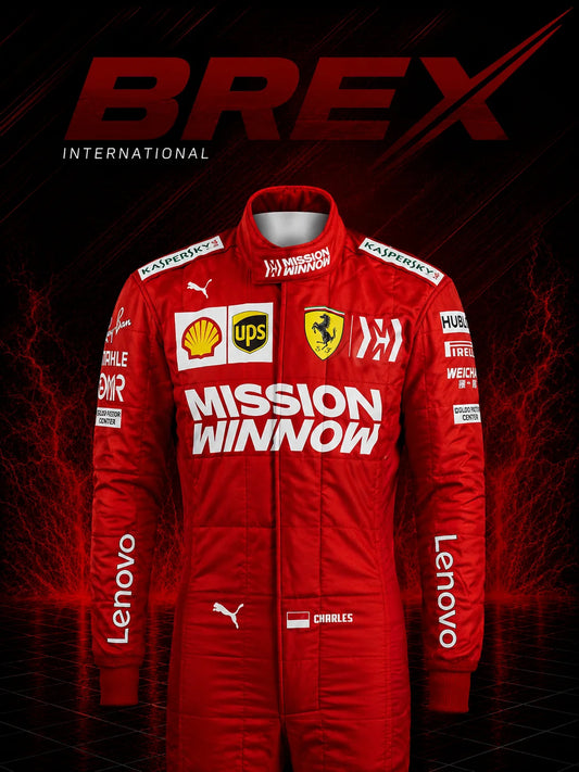 Premium Charles Leclerc Ferrari Formula 1 racing suit designed for collectors and motorsport enthusiasts.