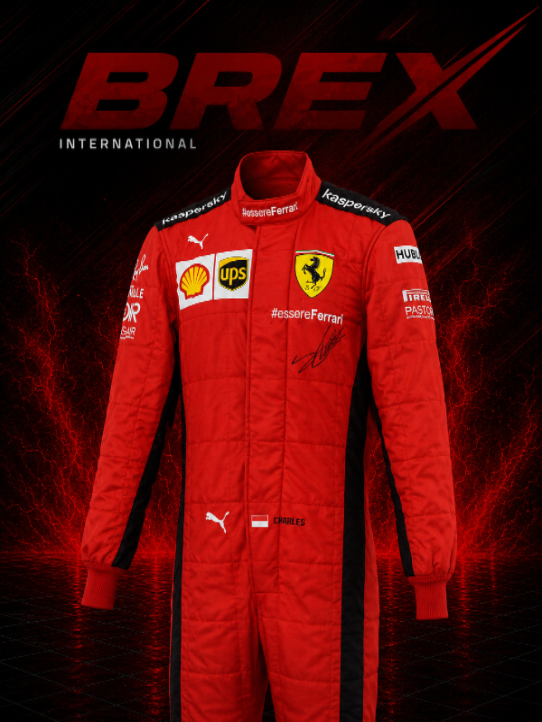 Premium Charles Leclerc Ferrari Formula 1 racing suit designed for collectors and motorsport enthusiasts.