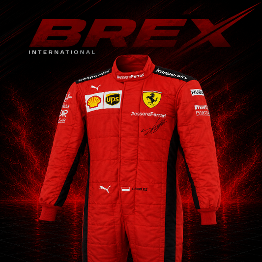 Premium Charles Leclerc Ferrari Formula 1 racing suit designed for collectors and motorsport enthusiasts.