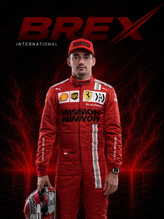 Premium Charles Leclerc Ferrari Formula 1 racing suit for collectors and motorsport enthusiasts.