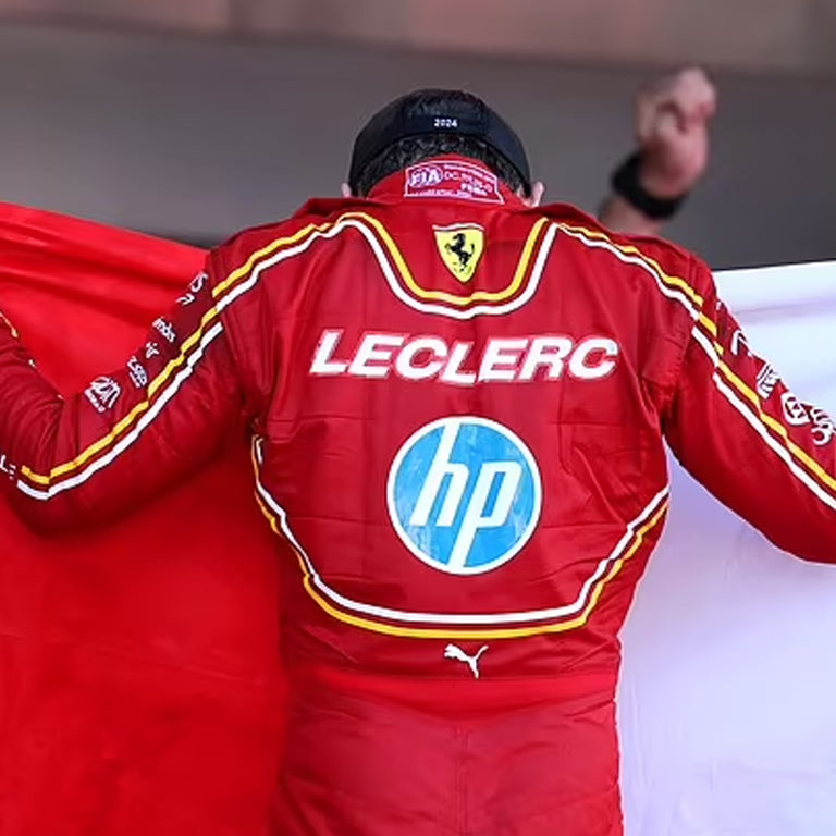 Premium Charles Leclerc Ferrari Monaco GP racing suit featuring iconic Ferrari-inspired styling and professional craftsmanship.