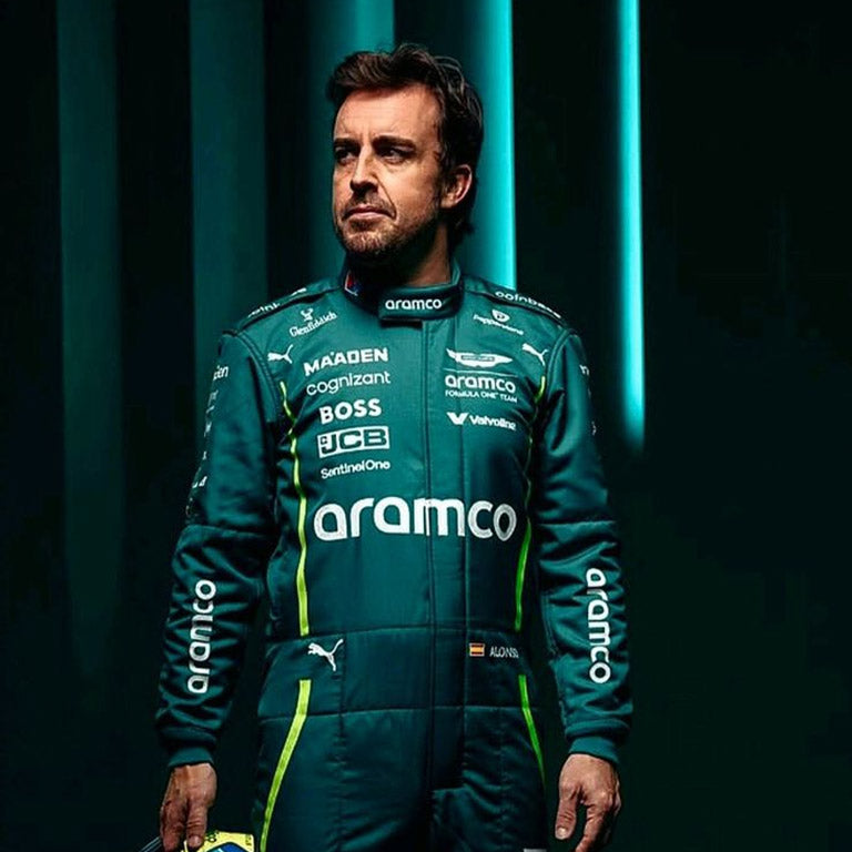 Fernando Alonso 2025 Aston Martin Aramco Formula 1 racing suit inspired by the 2025 season.