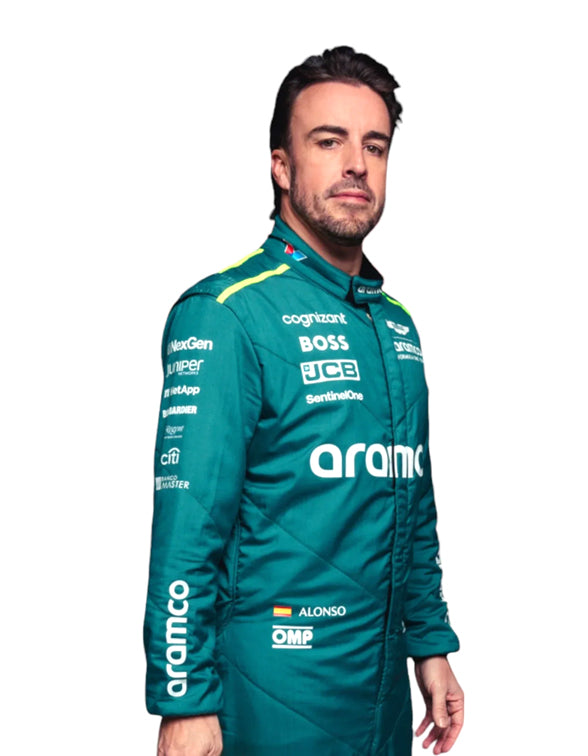 Fernando Alonso Aston Martin driver suit featuring premium craftsmanship and race-inspired graphics.