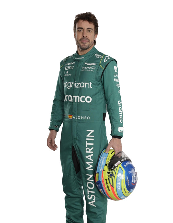 Fernando Alonso Aston Martin driver suit featuring premium craftsmanship and race-inspired graphics.