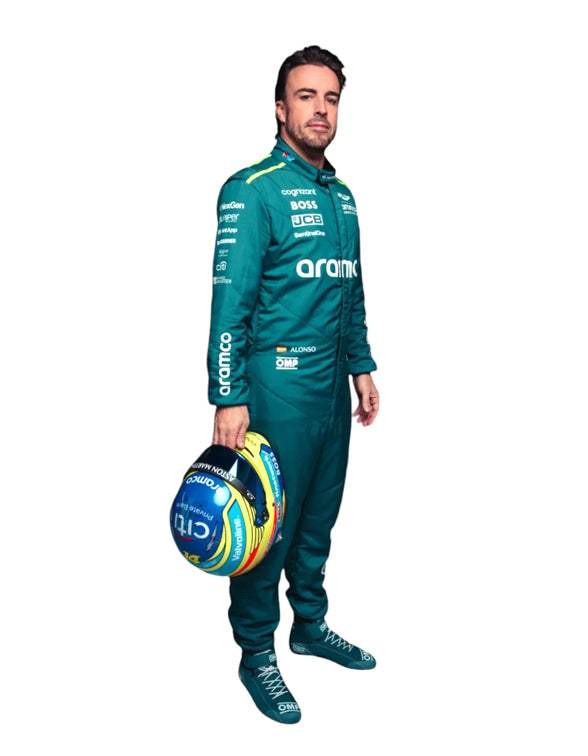 Premium Fernando Alonso Aston Martin Formula One racing suit with authentic motorsport styling.