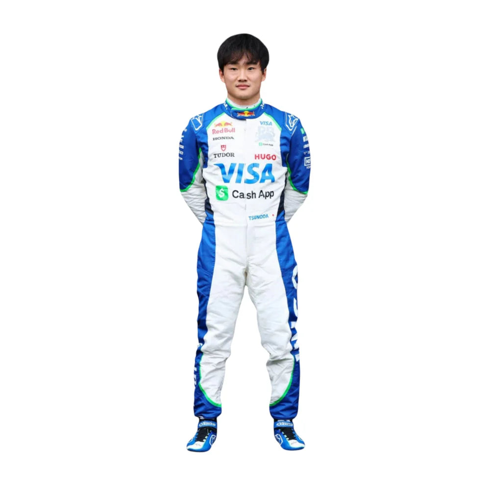 2025 Formula 1 go-kart racing suit replica based on Yuki Tsunoda's Visa Cash App RB F1 Team design.