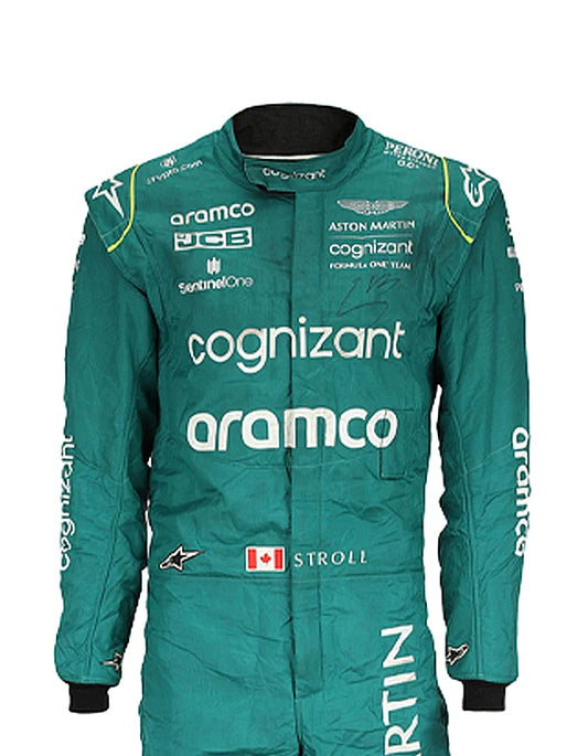 Side angle Lance Stroll F1 suit 2022 Aston Martin racing suit replica
