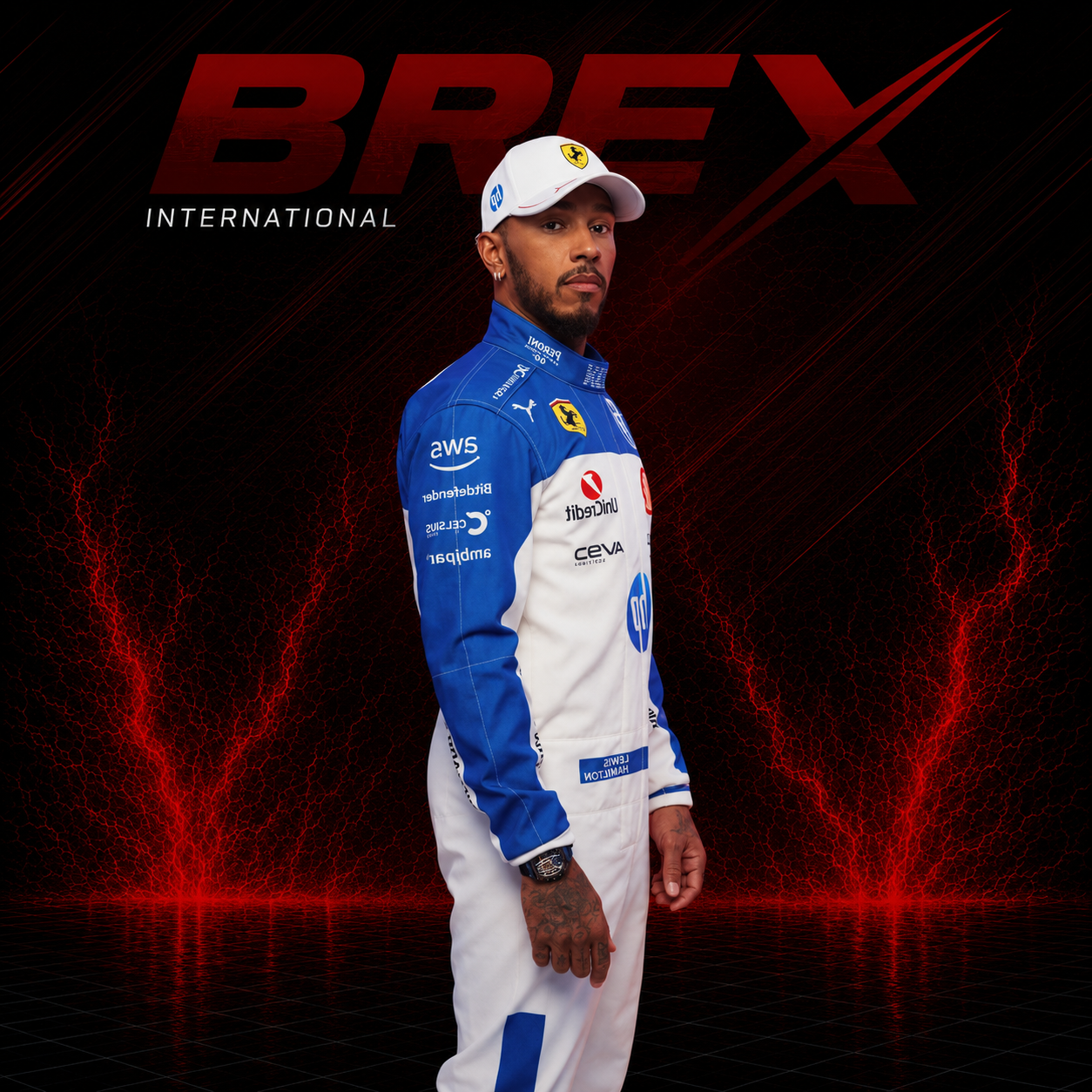 Lewis Hamilton 2025 Miami Grand Prix Ferrari Formula 1 racing suit featuring official team colors, sponsor logos, and premium race-inspired design.