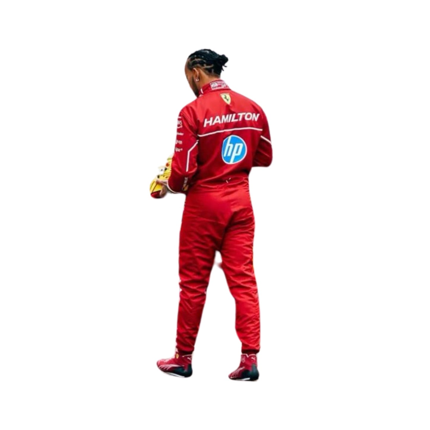 Close-up of embroidered logos and premium stitching on the 2025 Lewis Hamilton F1 racing suit.