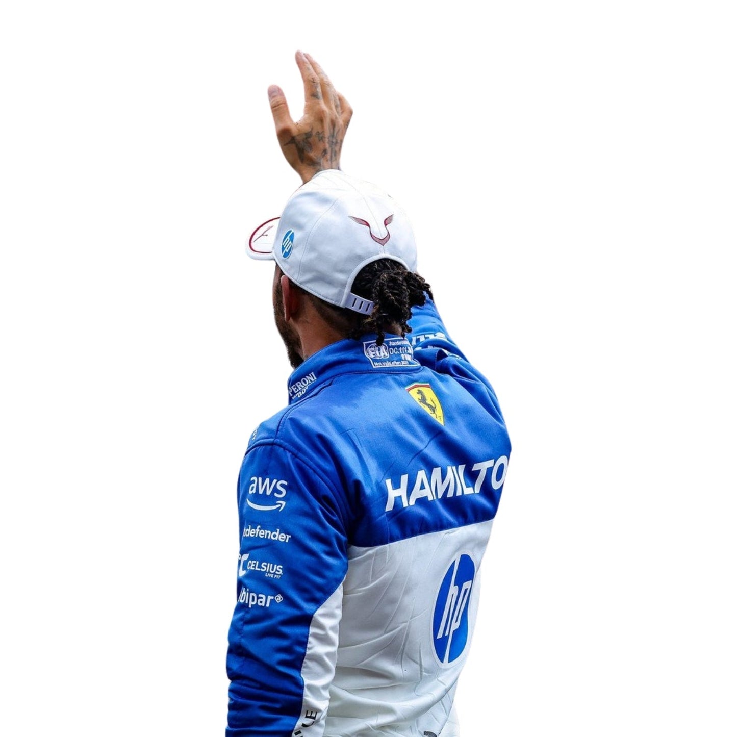 Ferrari HP Formula 1 racing suit worn by Lewis Hamilton during the 2025 Miami Grand Prix, showcasing authentic sponsor patches and race-ready aesthetics.