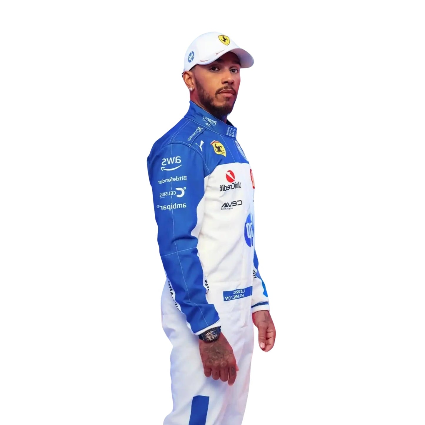 Formula 1 racewear inspired by Lewis Hamilton's 2025 Miami GP appearance with Ferrari, crafted with detailed stitching and iconic team branding.