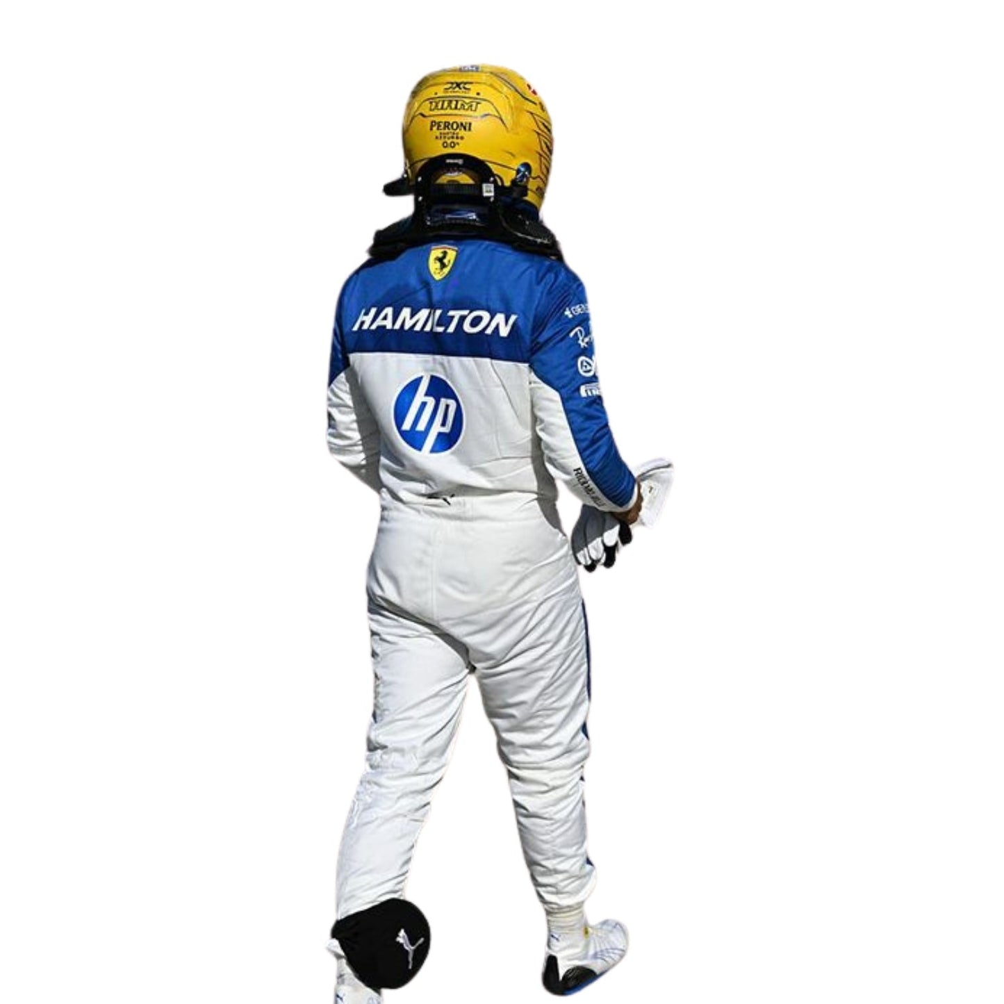 High-quality replica of Lewis Hamilton's 2025 Miami GP Ferrari F1 racing suit with detailed sponsor branding and professional motorsport styling.