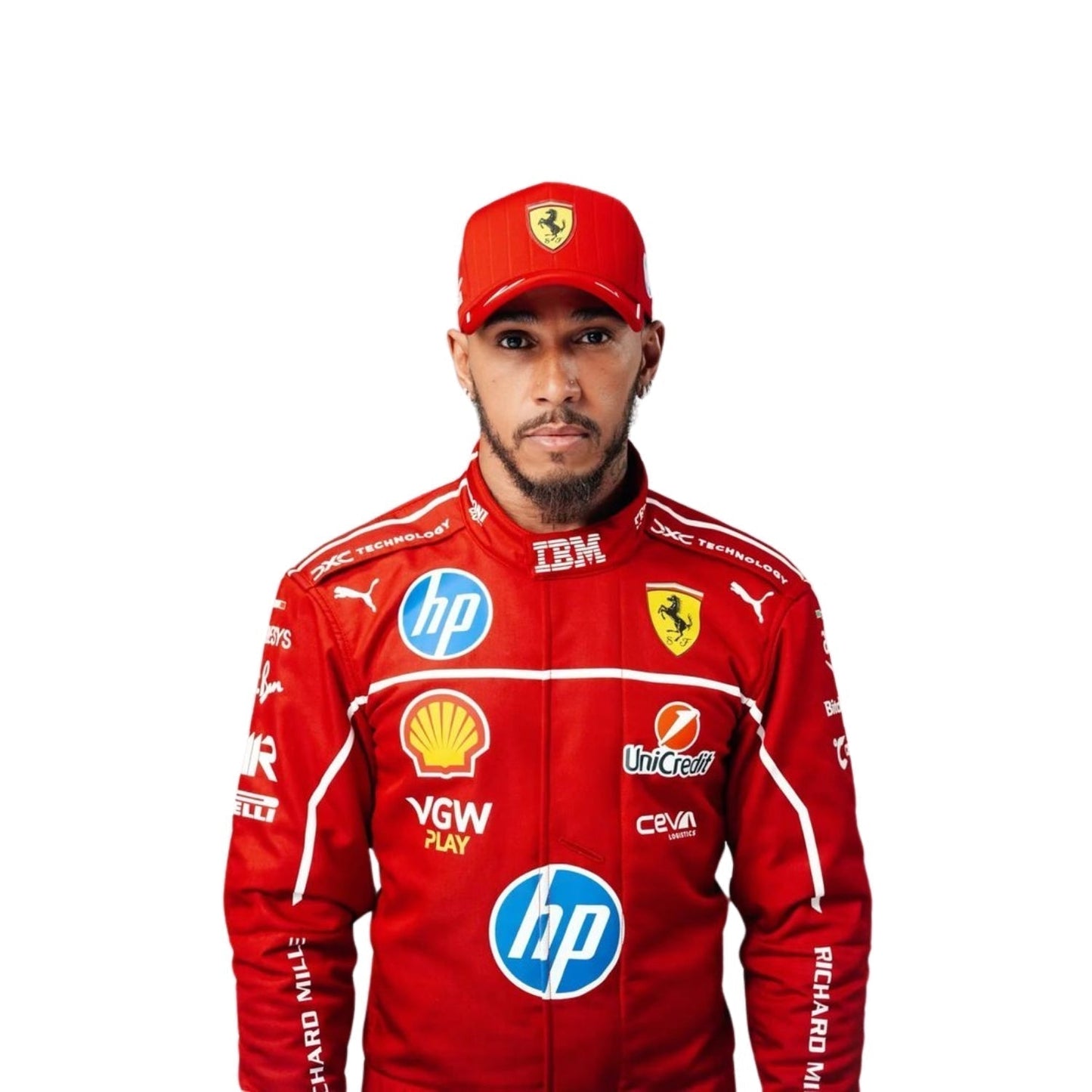 Authentic-inspired 2025 Lewis Hamilton F1 racing suit replica ideal for cosplay, sim racing, and display.