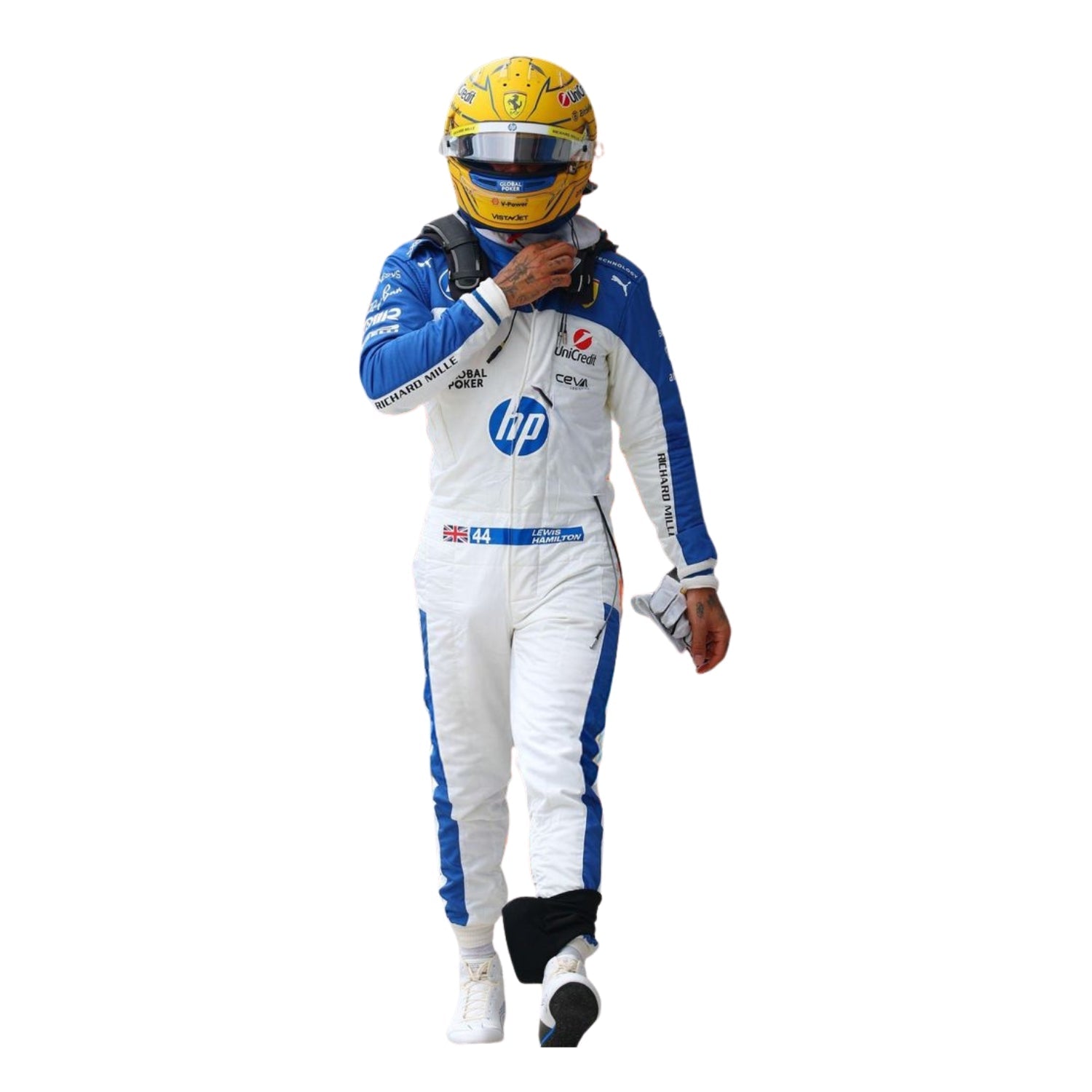 Scuderia Ferrari 2025 Miami Grand Prix racing suit associated with Lewis Hamilton, featuring vibrant team colors, sponsor logos, and professional racing style.
