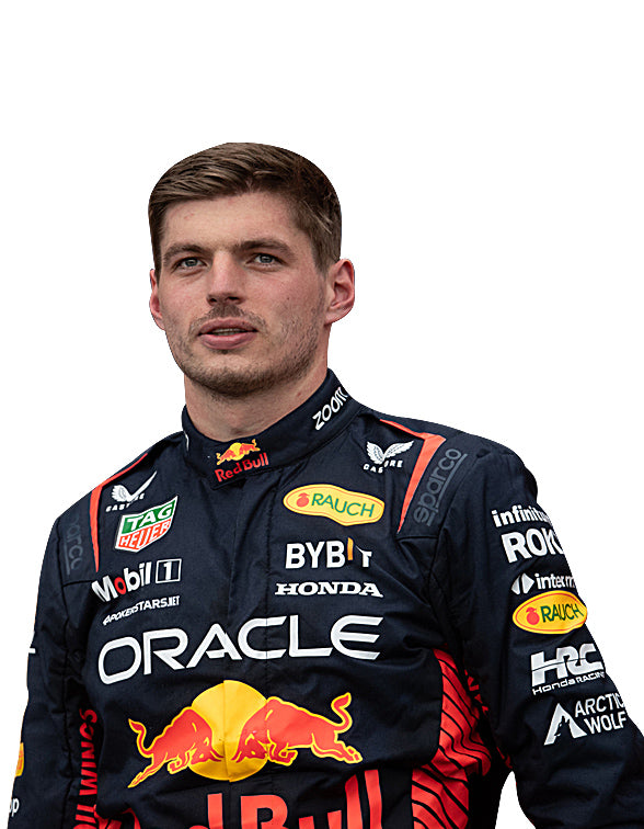 Max Verstappen championship Formula 1 suit featuring professional motorsport-inspired graphics.