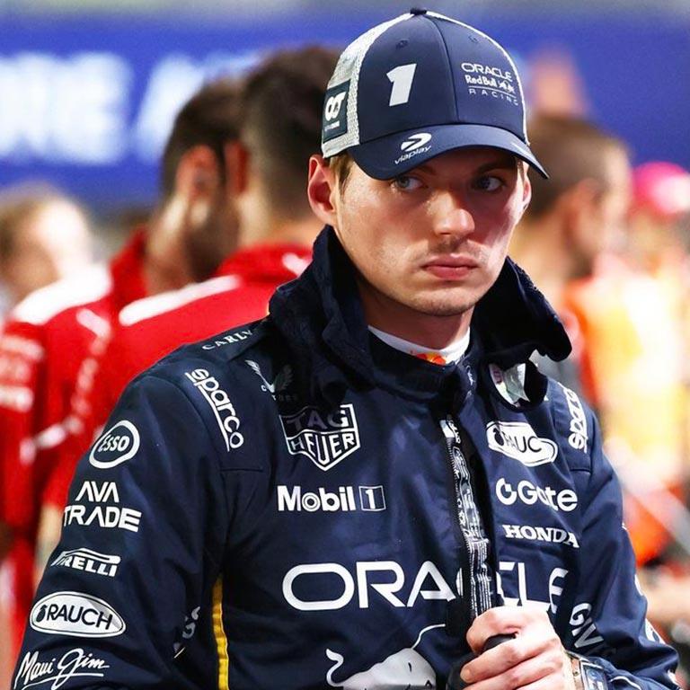 Max Verstappen Grand Prix racing suit celebrating the excitement of the Las Vegas Formula 1 event.