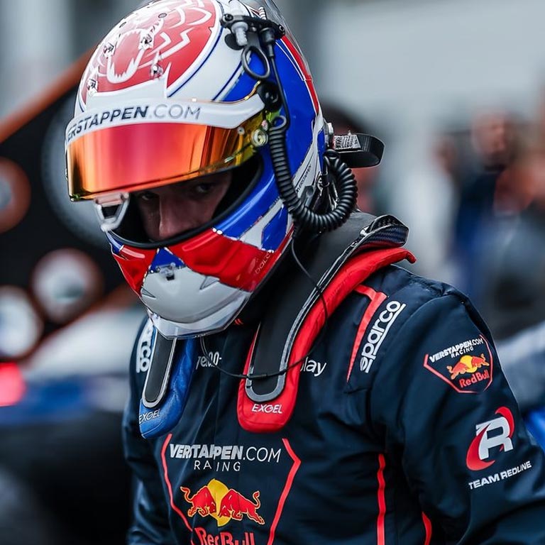 Max Verstappen Red Bull racing suit inspired by elite motorsport performance.