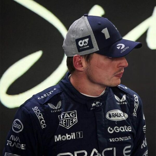 Max Verstappen special edition Formula 1 racing suit featuring Las Vegas GP inspired graphics.