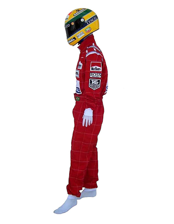 McLaren Honda Formula 1 racing suit inspired by Ayrton Senna's iconic racing career.