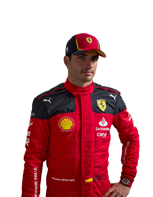 Premium 2023 Carlos Sainz Ferrari racing suit featuring authentic motorsport-inspired craftsmanship and iconic Ferrari styling.