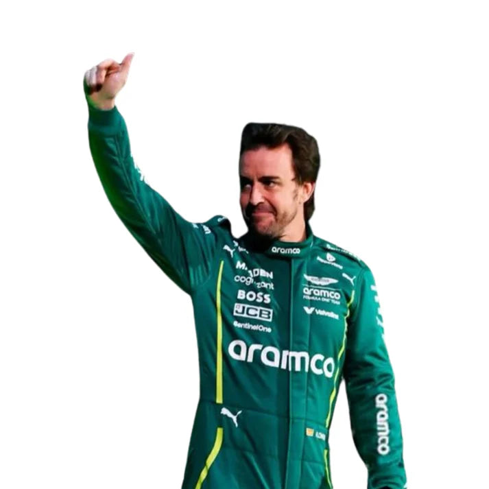 Premium Fernando Alonso Aston Martin F1 racing suit with professional race-inspired styling and quality craftsmanship.