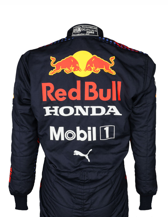 Red Bull Honda Formula 1 racing suit replica worn by Sergio Perez during the 2021 season.