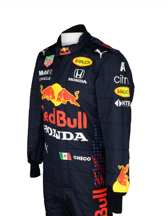 Sergio Perez Red Bull Racing driver suit with professional motorsport-inspired graphics.