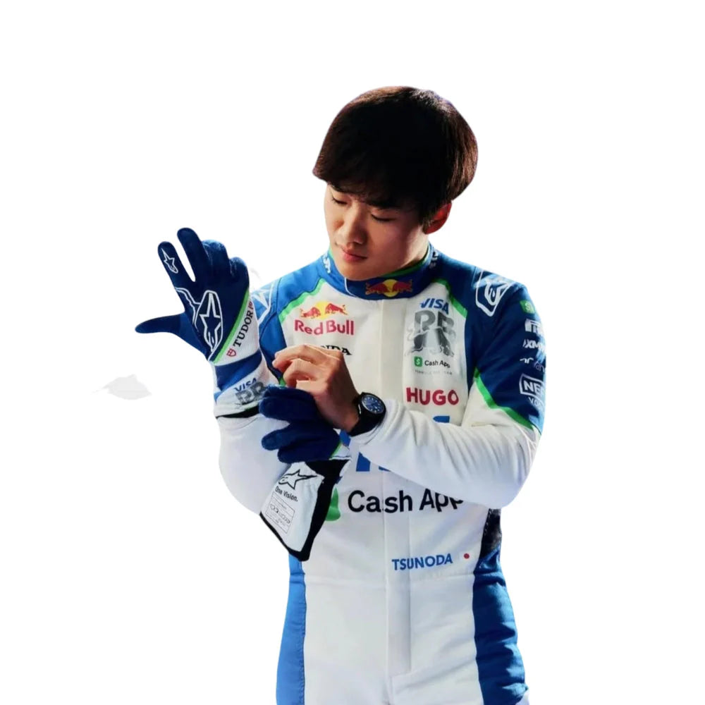 2025 Visa Cash App RB F1 Team race suit replica inspired by Yuki Tsunoda with authentic racing graphics.