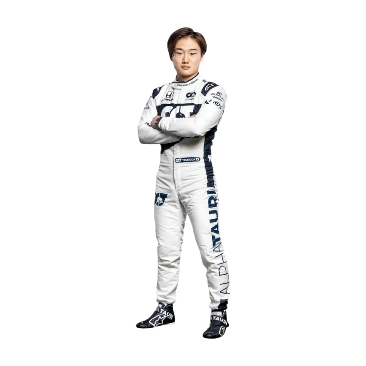 Front view of Yuki Tsunoda 2021 AlphaTauri Formula 1 race suit replica featuring official team-inspired graphics and sponsor logos.