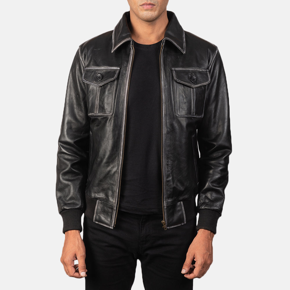 Aaron Black Leather Bomber Jacket - men's jacket in black premium leather, view 1