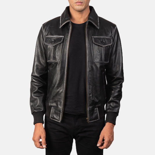 Aaron Black Leather Bomber Jacket - men's jacket in black premium leather, view 1