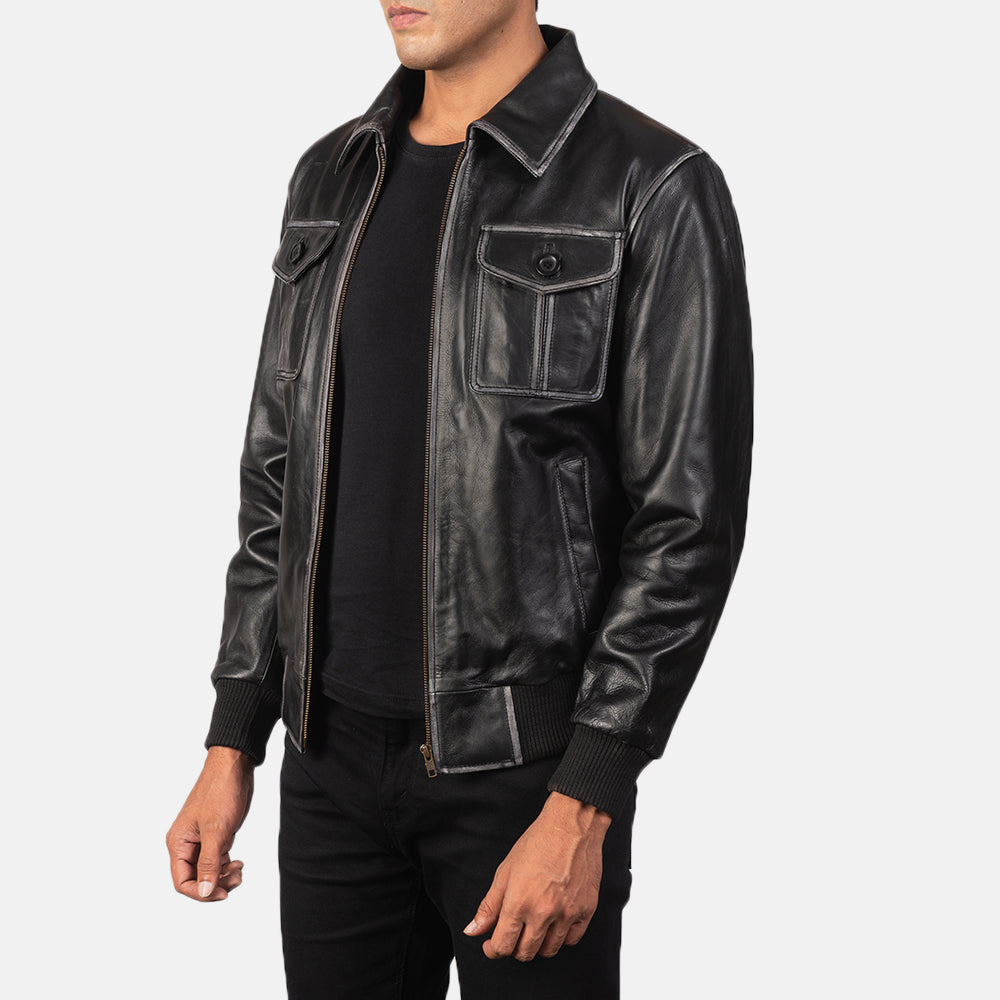 Aaron Black Leather Bomber Jacket - men's jacket in black premium leather, view 2