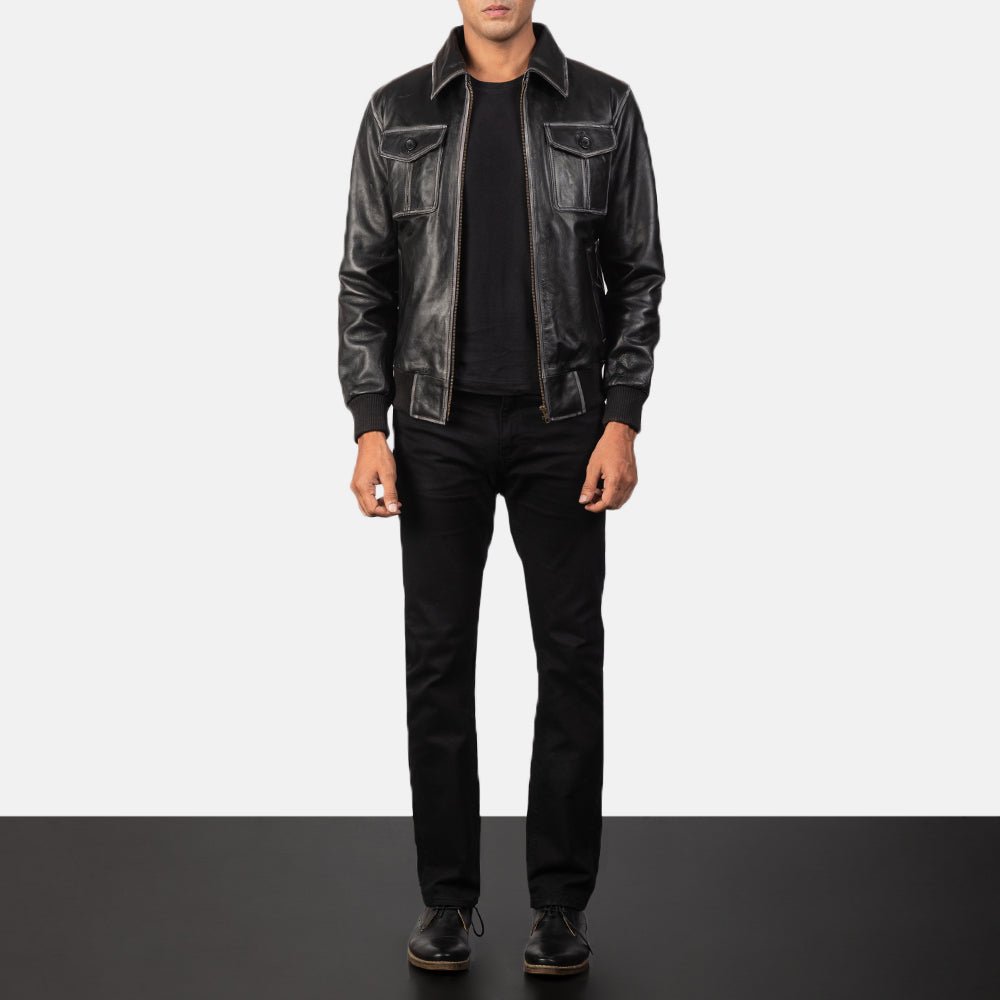 Aaron Black Leather Bomber Jacket - men's jacket in black premium leather, view 3