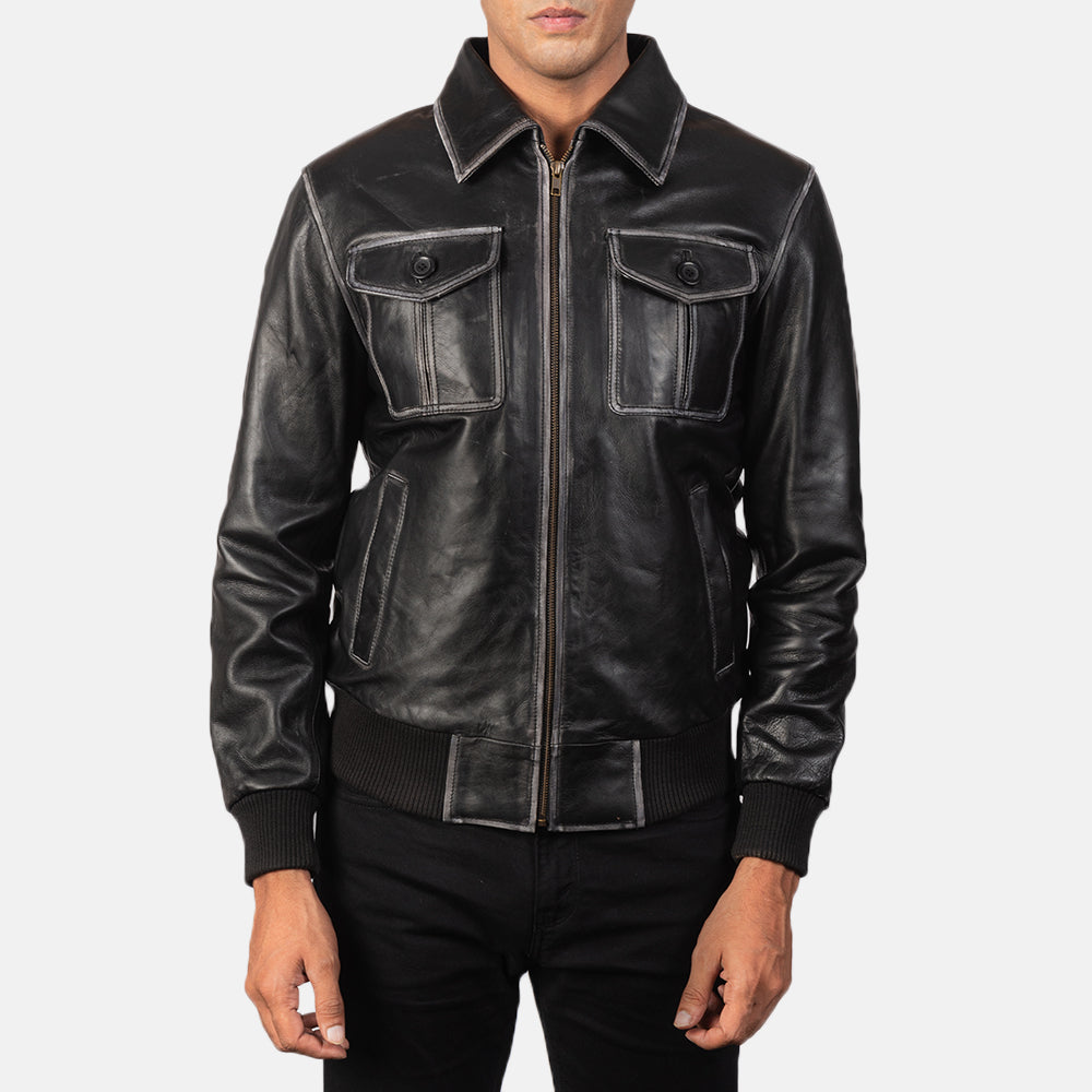 Aaron Black Leather Bomber Jacket - men's jacket in black premium leather, view 4