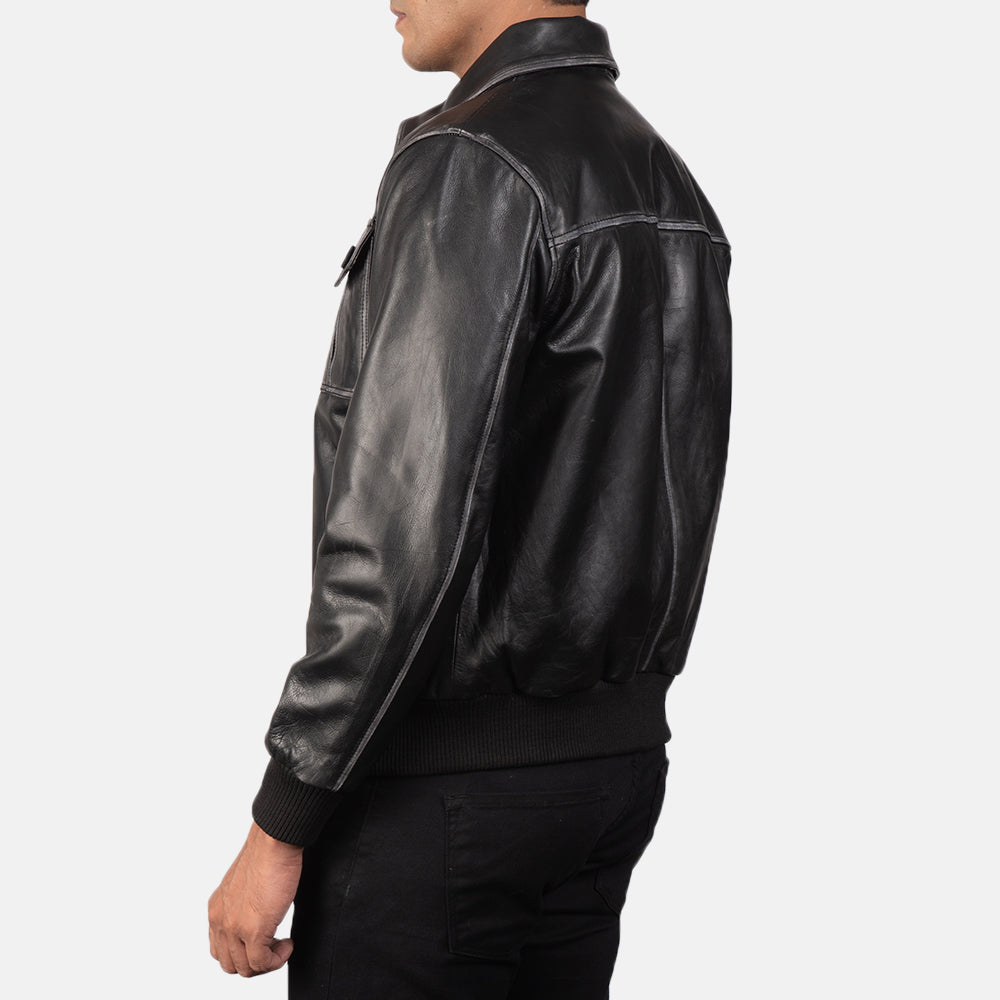 Aaron Black Leather Bomber Jacket - men's jacket in black premium leather, view 5
