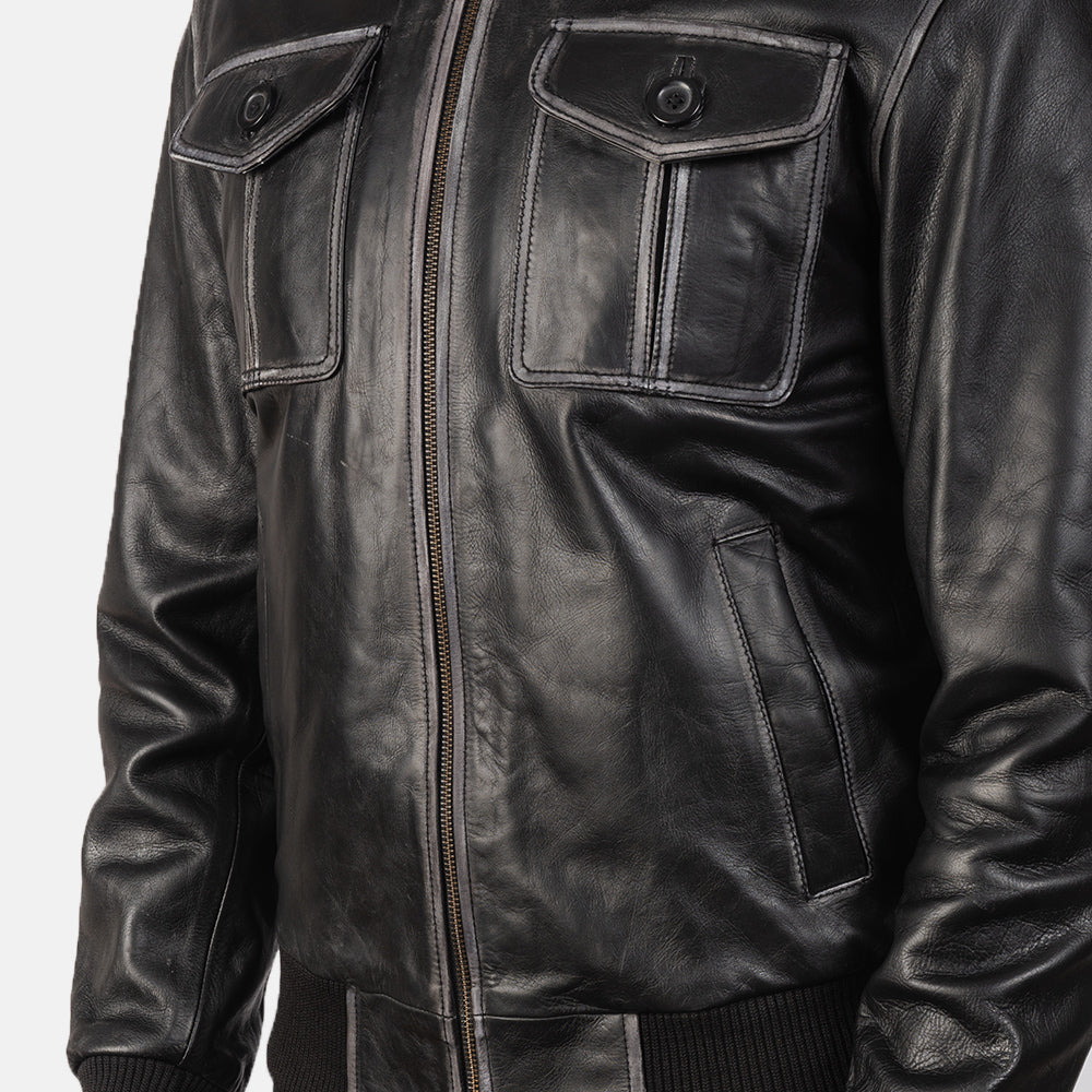 Aaron Black Leather Bomber Jacket - men's jacket in black premium leather, view 6
