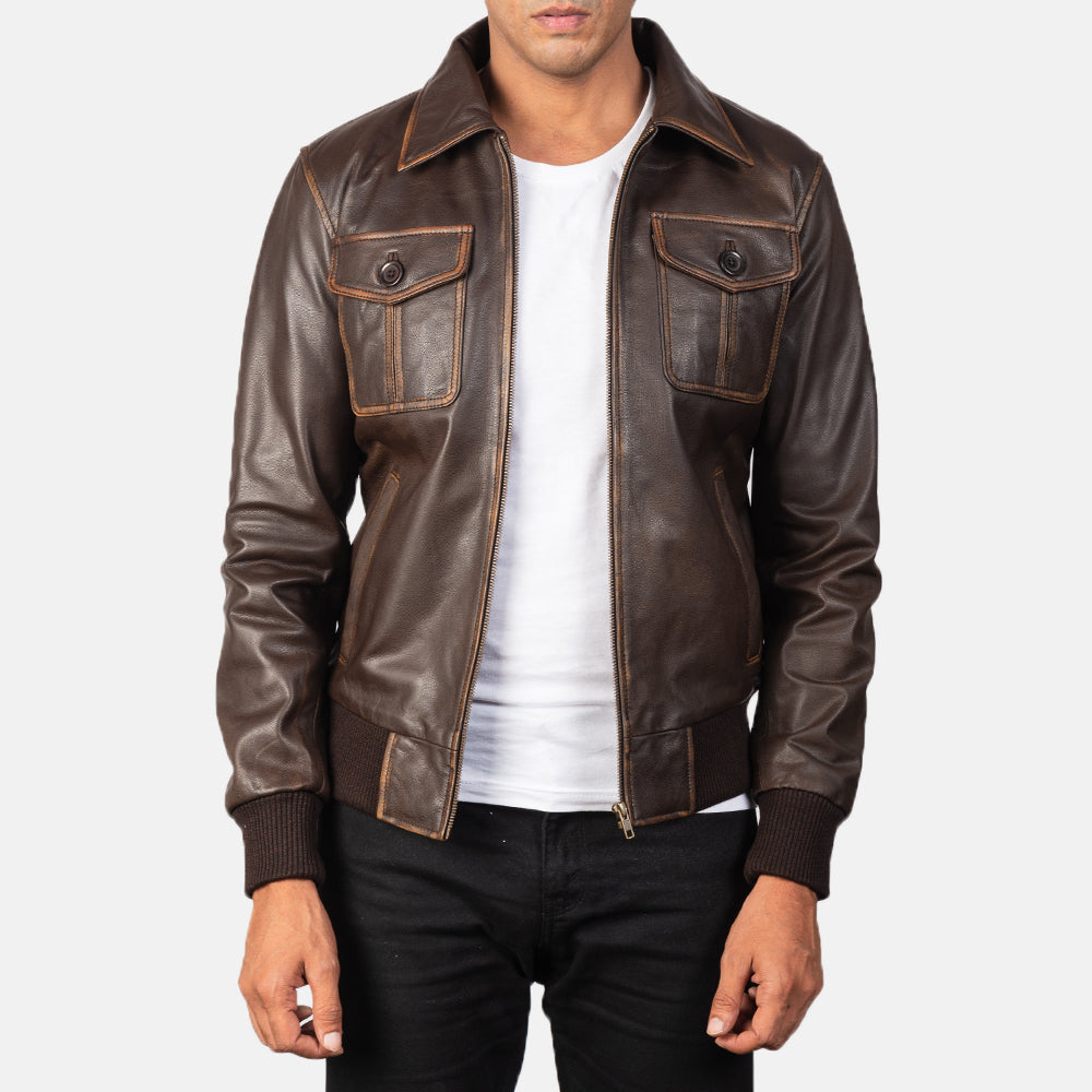 Aaron Brown Leather Bomber Jacket - men's jacket in brown goatskin leather, view 1