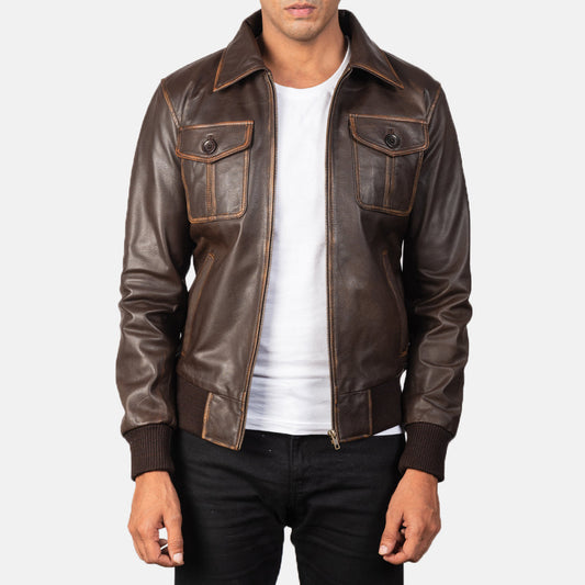 Aaron Brown Leather Bomber Jacket - men's jacket in brown goatskin leather, view 1