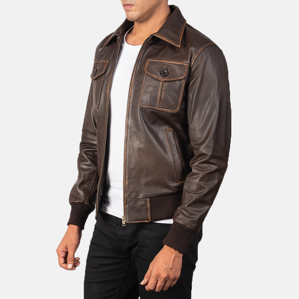 Aaron Brown Leather Bomber Jacket - men's jacket in brown goatskin leather, view 2