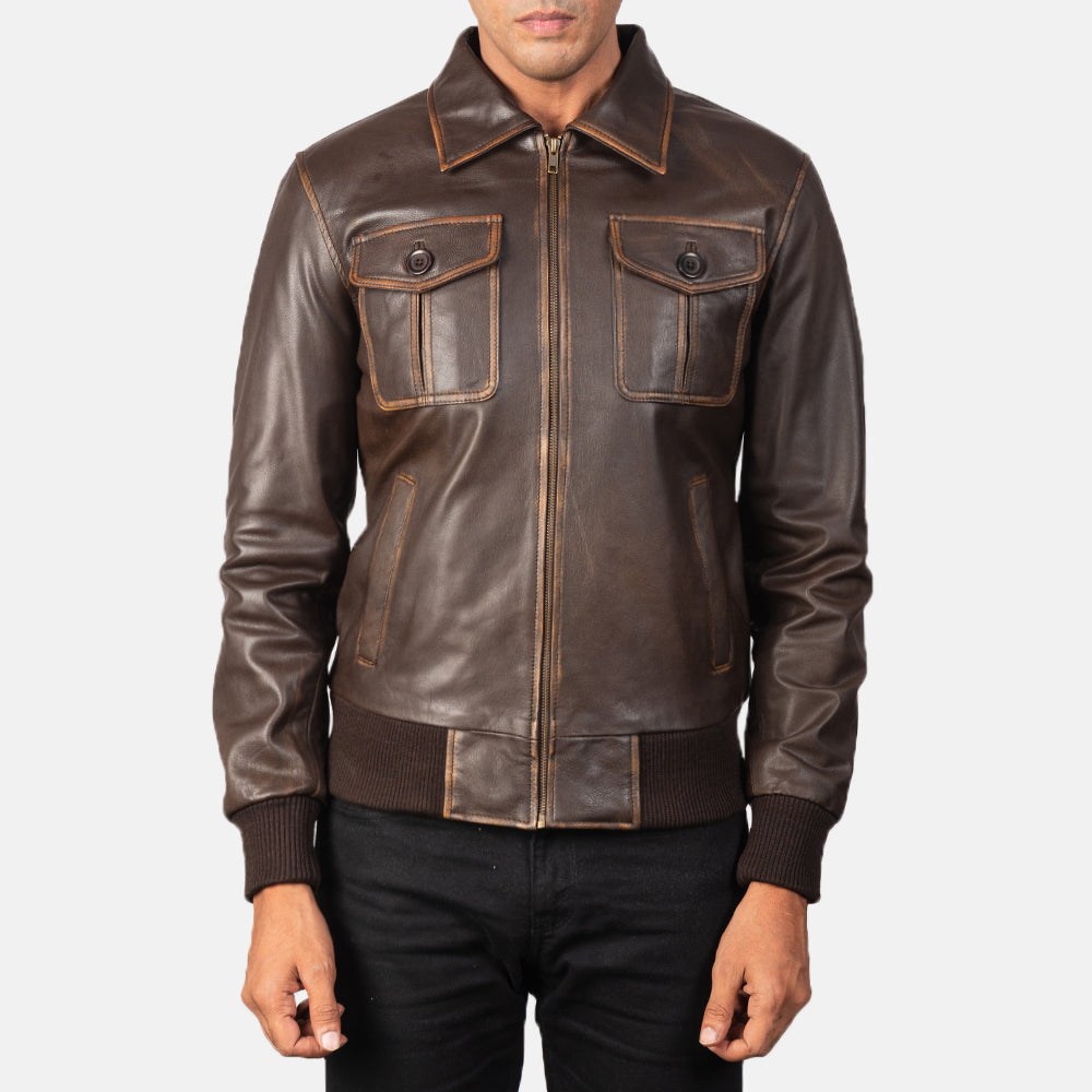 Aaron Brown Leather Bomber Jacket - men's jacket in brown goatskin leather, view 3