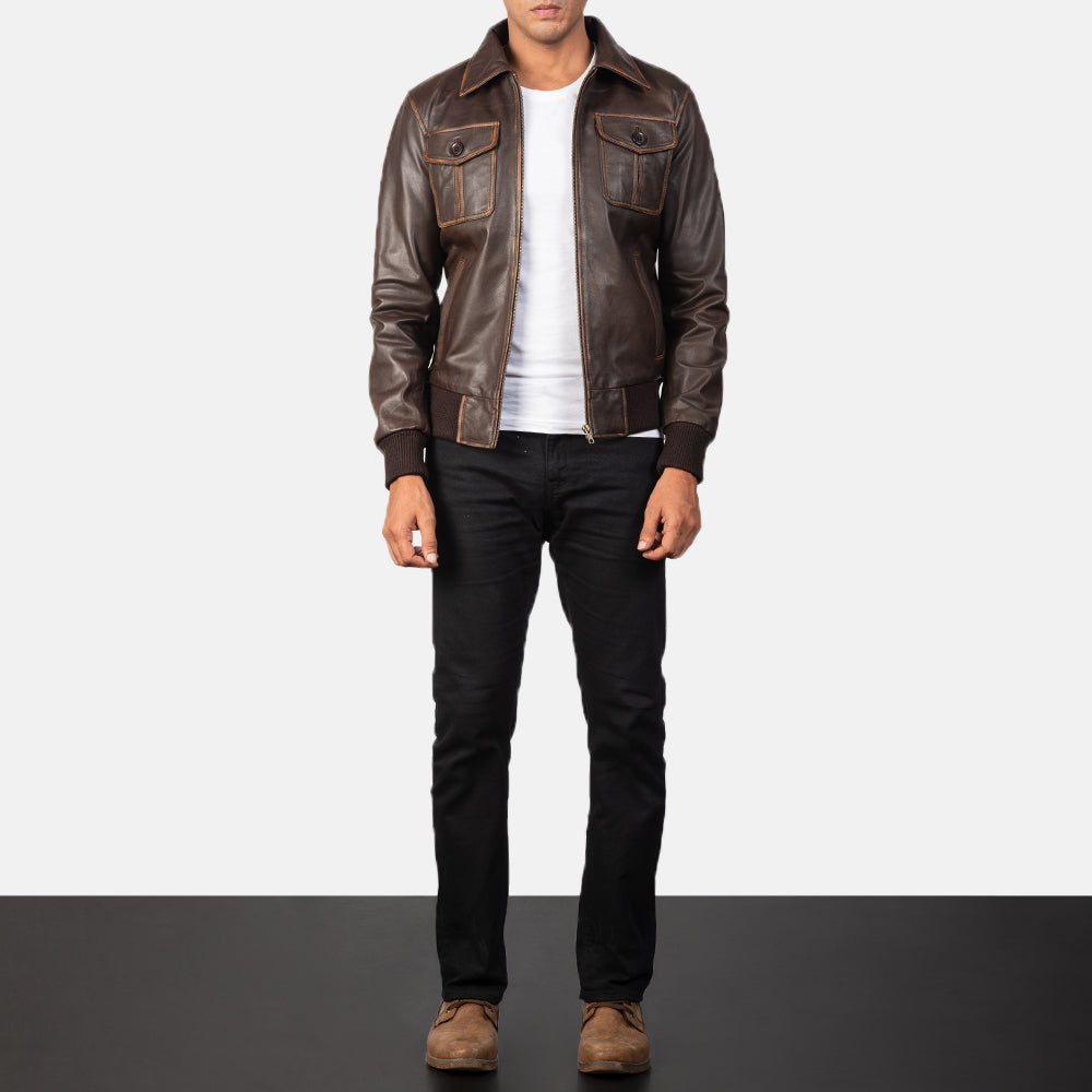 Aaron Brown Leather Bomber Jacket - men's jacket in brown goatskin leather, view 4