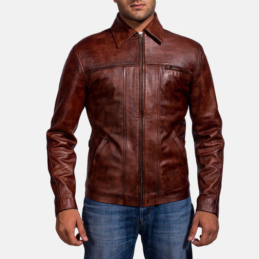 Abstract Maroon Leather Jacket - men's jacket in maroon sheepskin leather, view 1