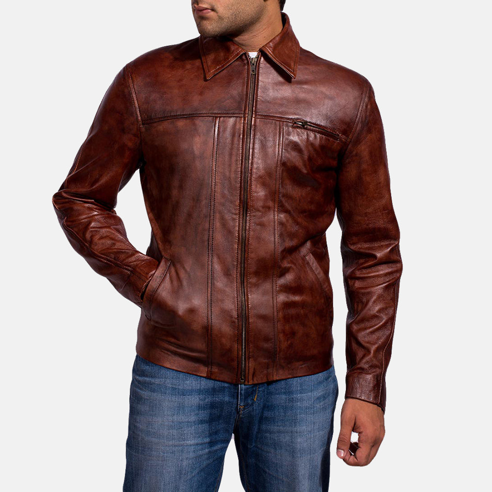 Abstract Maroon Leather Jacket - men's jacket in maroon sheepskin leather, view 2