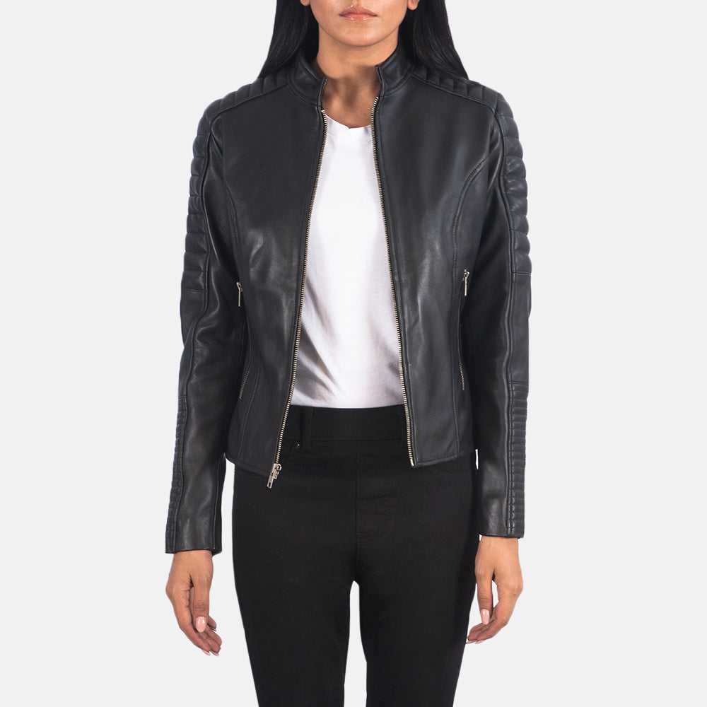 Adalyn Quilted Black Leather Biker Jacket - women's jacket in black sheepskin leather, view 1