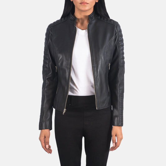 Adalyn Quilted Black Leather Biker Jacket - women's jacket in black sheepskin leather, view 1